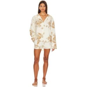 Free People Revolve Flannel Pajama Short Sleep Set Collar Front Button Ivory